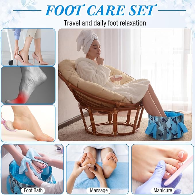 FillTouch 12 Pcs 15L Foldable Foot Soaking Tub Kit Portable Foot Bath Tub for Soaking Feet with Towel and Storage Bag Soak Spa Bucket for Travel Camping (Camouflage,Blue)