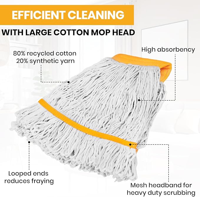 (1PK) Commercial Mop Head Replacement 16 oz, Heavy Duty Wet Industrial Mop Refills for Floor Cleaning, Cotton, String, Loop-Ended, 4.5” Headband, Janitor Supplies
