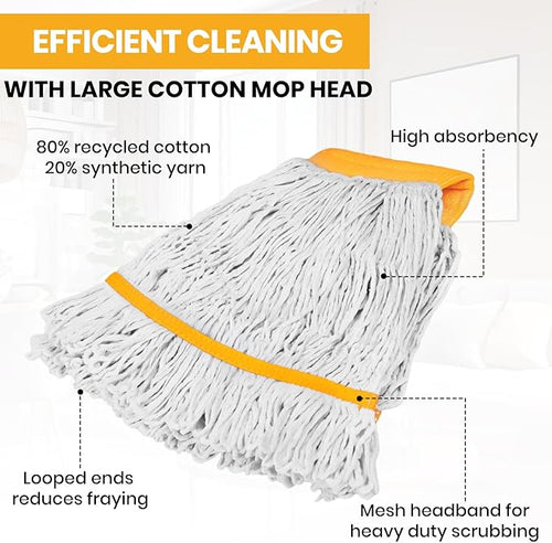 (1PK) Commercial Mop Head Replacement 16 oz, Heavy Duty Wet Industrial Mop Refills for Floor Cleaning, Cotton, String, Loop-Ended, 4.5” Headband, Janitor Supplies