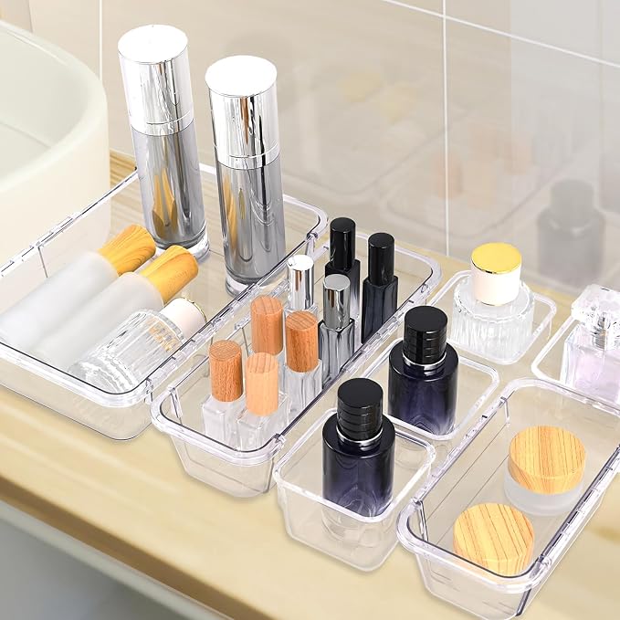 25 Pcs Clear Drawer Organizer, Adjustable Drawer Storage Box, 3-Size Desk Drawer Organizer, Acrylic Storage Bins for Makeup, Cosmetic, Kitchen Utensils, Bedroom Dressers Tool Organizer for Gadgets