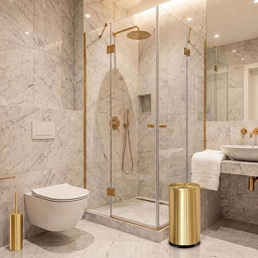 Maxdot 2 Pcs 8 Gallon/30 L Gold Bathroom Trash Can with Flip Lid and Toilet Brush Set, Large Luxury Stainless Steel Garbage Trash Can Wastebasket Bin for Commercial Office Hotel Bathroom Shopping Mall