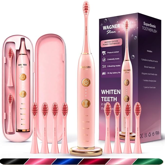 Wagner Stern WHITEN+ Electric Toothbrush, 48,000 VPM, Pressure Sensor, 5 Modes, 8 Brush Heads, Travel Case