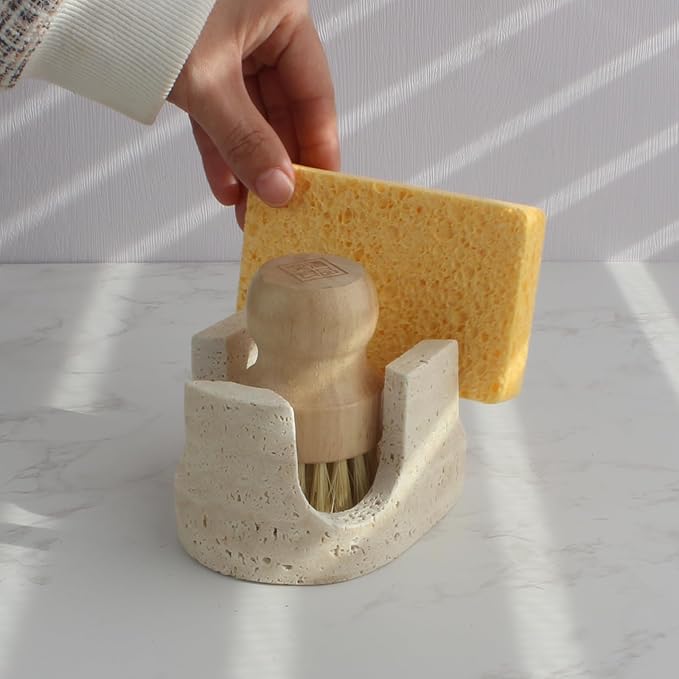 Nawgnail Natural Travertine Marble 2-Slot Sponge Holder for Kitchen Counter, 2-in-1 Stone Drying Rack, Sponge Caddy for Sink Organizer - Beige Travertine