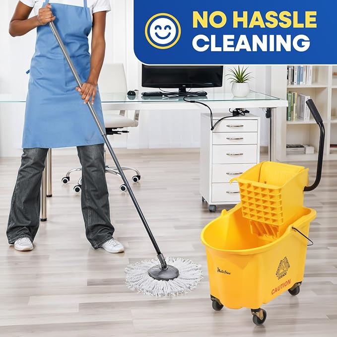 PLASTIC PRINCE Commercial Mop Bucket with Wringer on Wheels, Heavy Duty Industrial Mop Bucket and Wringer for Home Office Restaurant Business, 26 Quart - Yellow