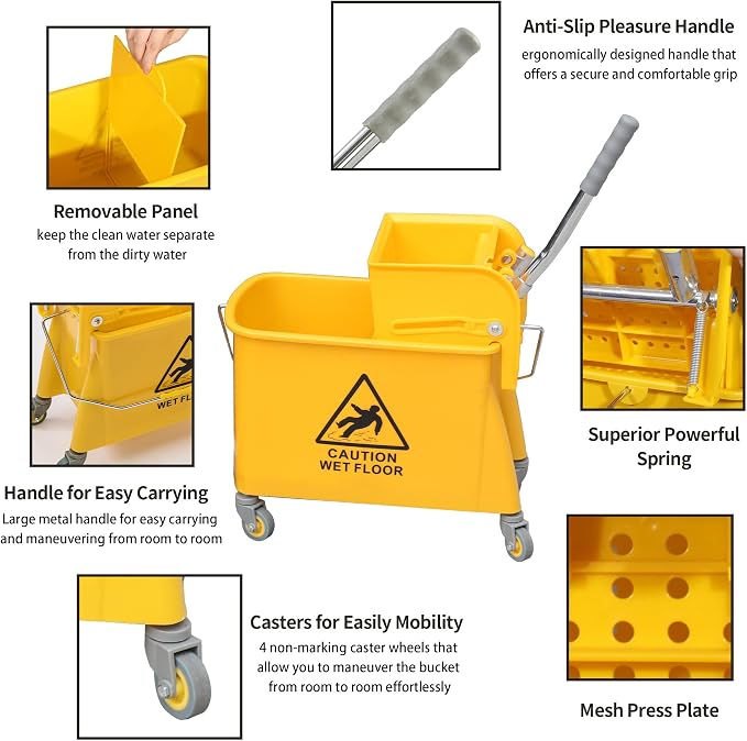 Mop Bucket with Wringer, 22 Qt (5.5 Gallon), Floor Cleaning, Handle, Wheels, 16.5" L x 10.6" W x 26.4" H, Yellow,Plus One Cotton Mop