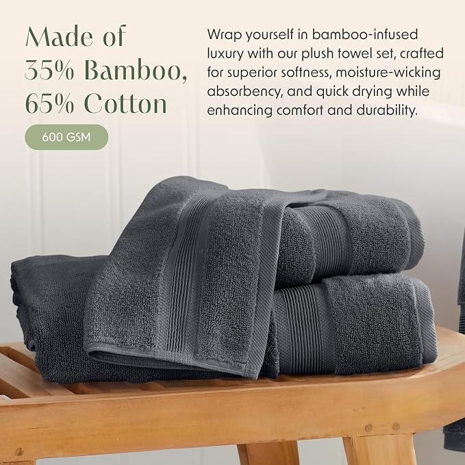Springtree Home Luxury Bamboo Rayon Plush Bath Towel Set | 4-Pack | Grey | 35% Bamboo Rayon - 65% Zero Twist Cotton | Absorbent Quick-Dry Towels for Bathroom | Ultra Soft | OEKO-TEX Standard 100