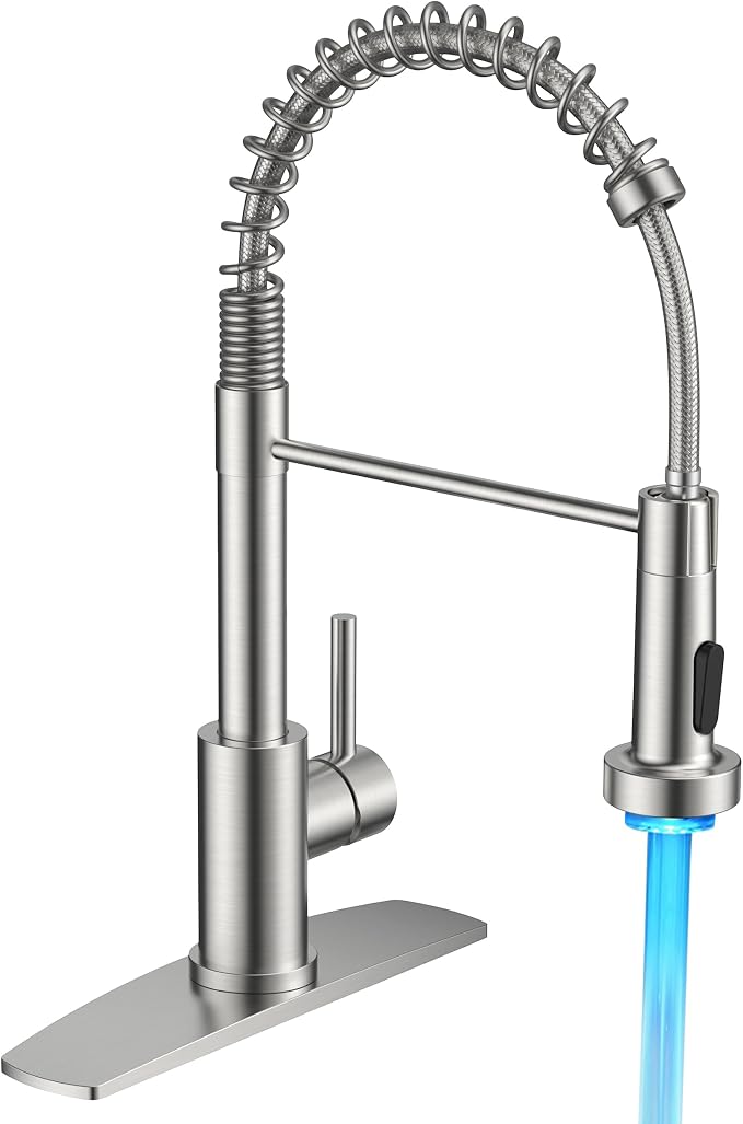 FORIOUS LED Kitchen Sink Faucet, Stainless Steel Brushed Nickel Kitchen Faucet with LED Light Sprayer, Commercial Transitional Single Handle Spring Faucet for Kitchen Sink, Bar & Prep Sinks, RV Camper