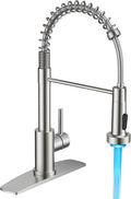 FORIOUS LED Kitchen Sink Faucet, Stainless Steel Brushed Nickel Kitchen Faucet with LED Light Sprayer, Commercial Transitional Single Handle Spring Faucet for Kitchen Sink, Bar & Prep Sinks, RV Camper