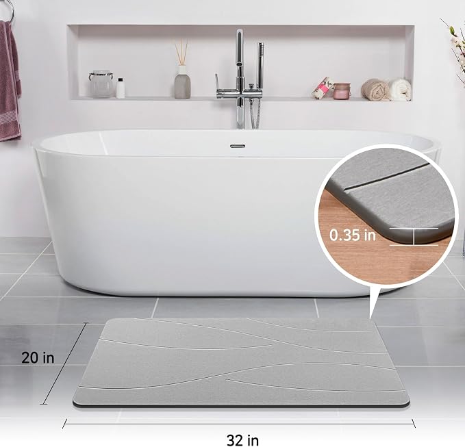 32"x20" Stone Bath Mat, Diatomaceous Earth Shower Mat, Non-Slip Super Absorbent Quick Drying Bathroom Floor Mat, Natural, Easy to Clean (Cloudy Gray)