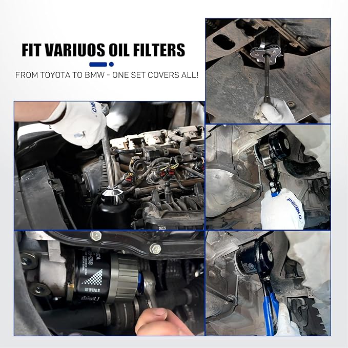 14 Piece Oil Filter Wrench Set, 7pcs Oil Fliter Socket and 64mm Wrench, 4pcs Stainless Steel Swivel Wrenches, 12" Oil Filter Pliers, Universal 3-Jaw Removal Tool, Organized in Storage Case