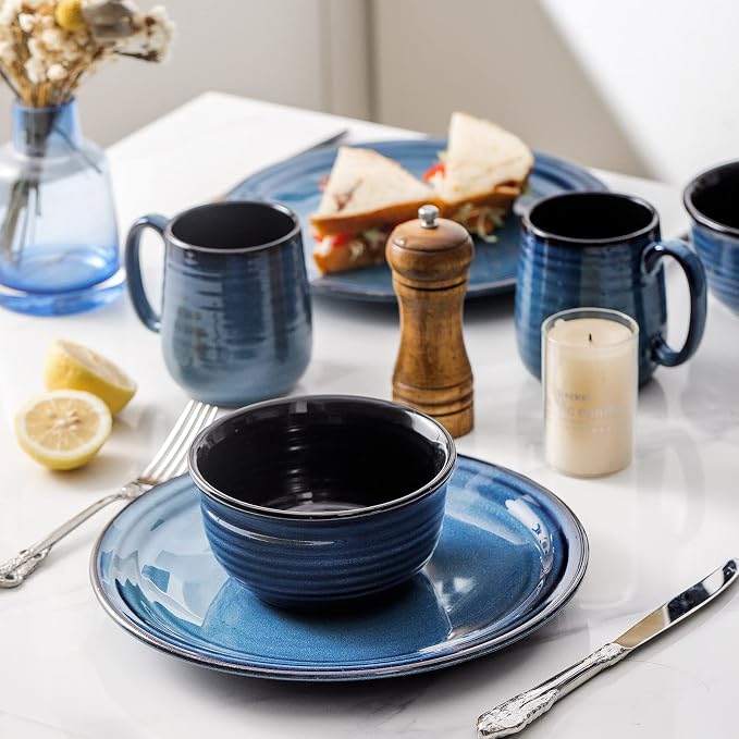 HASENSE Coffee Mugs Set of 4, 12 Ounce Ceramic Coffee Cups with Handle, Large Mug Set for Latte, Tea, Chocolate, Modern Cup Gift for Men and women, Dishwasher & Microwave Safe(Blue)