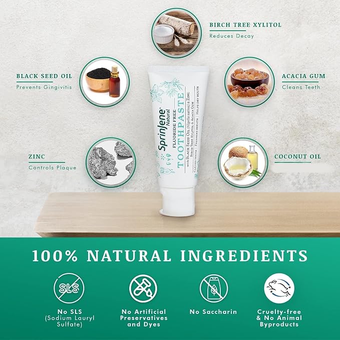 SprinJene Natural Fluoride Toothpaste – Natural Toothpaste for Gum Health & Cavity Protection – Patented Black Seed Oil & Zinc Formula for Healthy Teeth & Gums – Made in the USA (2 Pack)