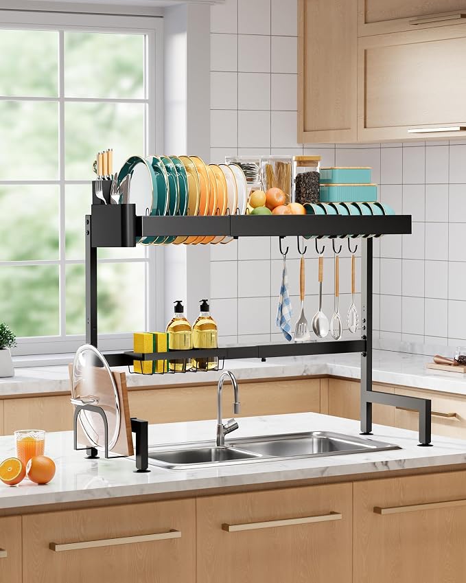Sakugi 2-Tier Dish Drying Rack Over The Sink, Expandable for Counter | Rustproof Stainless Steel Kitchen Storage Accessories, Space-Saving 30"–34.5"Lx12"Wx25"H, Black