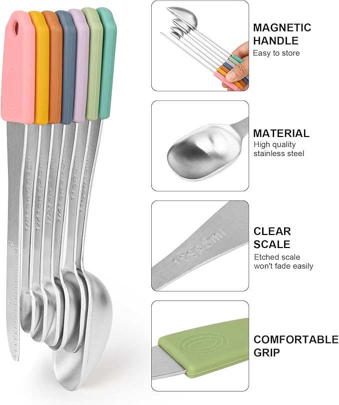 Magnetic Measuring Cups & Spoons Set 15, Stainless Steel Measuring Cups and Spoons Set, Color Heavy Duty Metal Measuring Cups&Spoons Set w/Leveler & Measure Equivalents for Cooking & Baking