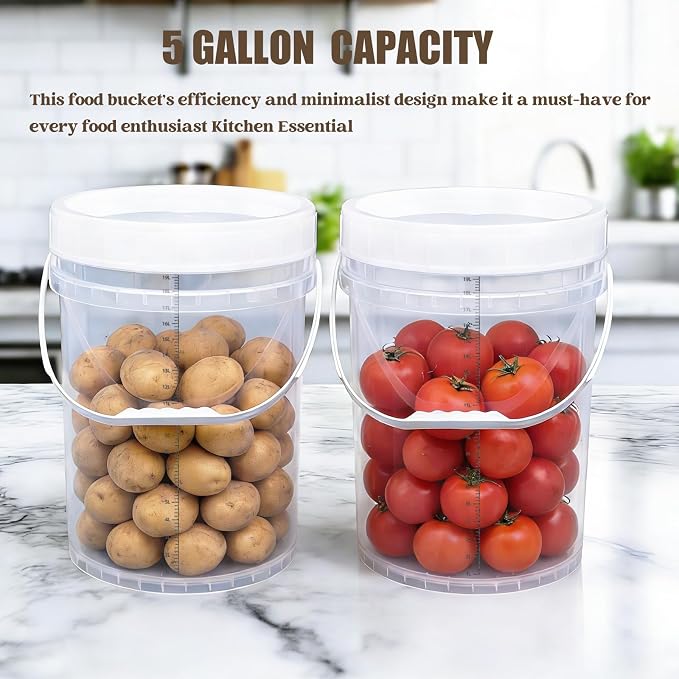 5 Gallon Bucket with Lid & 2.6 Gal Plastic Food Storage Containers, 5 Pack Clear Buckets with Lids, Food Grade Pail for Ice Cream, Dog Food, Water, Large Quart Container with Handle