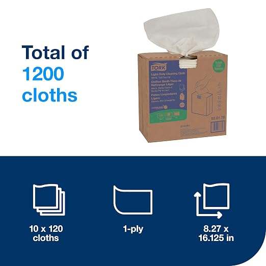 Tork Light Duty Cleaning Cloth Pop-Up Box White W24, With exelCLEAN Technology, 10 x 120 Cloths, 500176