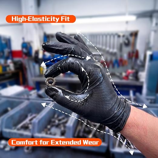 ANBOSON 10 Mil Heavy Duty Mechanic Nitrile Gloves, Large Black 100 Count | Diamond Grip,Latex Free,Chemical Resistant Disposable Thick Rubber Gloves for Auto Repair, Industrial, Food, Work ,BBQ,Men