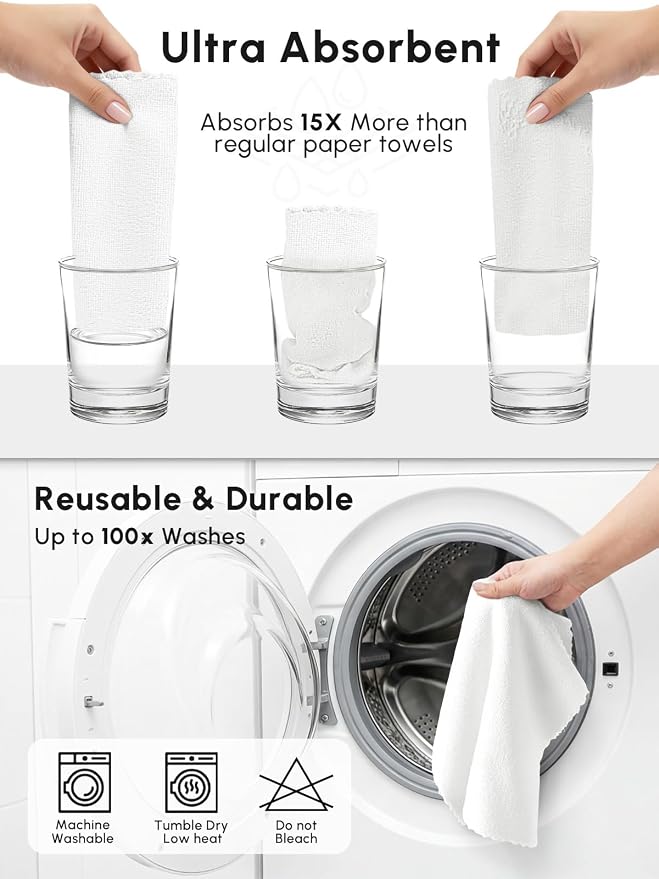 Microfiber Cleaning Cloths Roll, 225 Pack Tear Away Microfiber Towels Roll, 12" x 12" Lint Free Rags, Reusable Cleaning Cloths, Washable, Scratch Free,Ultra Absorbent Dish Rags(White)