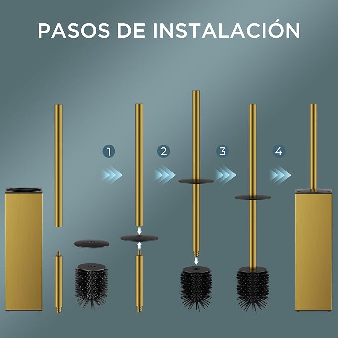 FORIOUS Tall Toilet Brush and Holder Set, Heavy Duty 304 Stainless Steel Base Square and Long Handle for Bathroom Deep Cleaning, Drip-Proof, Space Saving for Storage, 2 Toilet Bowl Brush Head, Gold