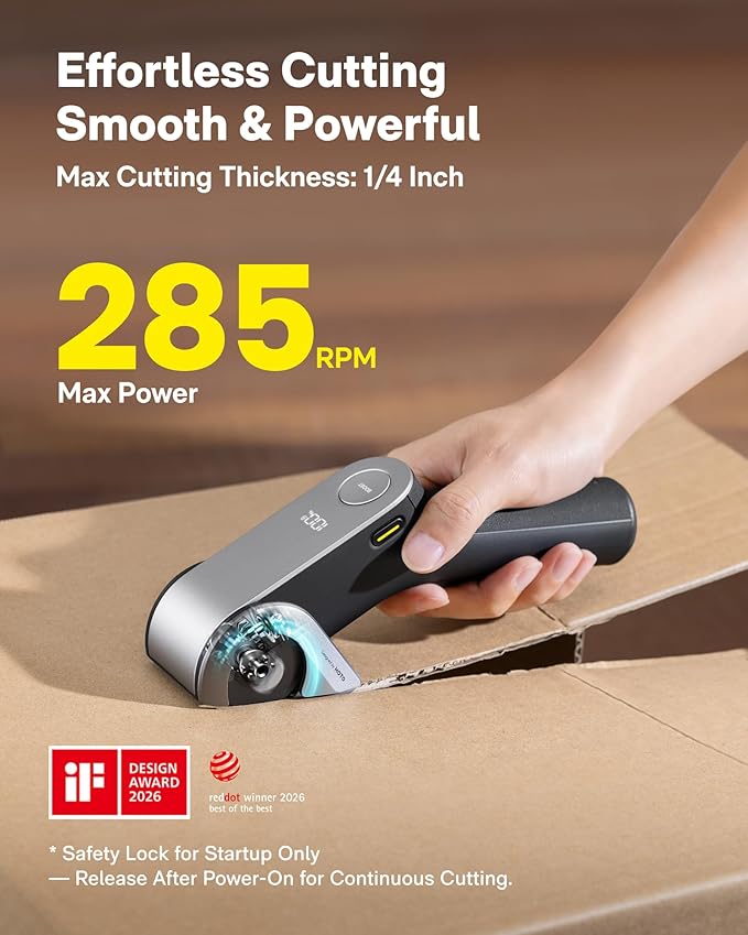 HOTO EdgeFlow Cordless Electric Scissors, Self-Sharpening Titanium Blade, Smart Display Electric Cardboard Cutter, Boost Mode & Tool-Free Blade Swap, Ideal for Cardboard, Fabric, Carpet, Leather DIY