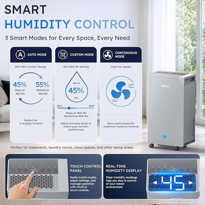 5000 Sq.Ft Dehumidifier with Pump, Up to 16.4 Ft Vertical Drainage, ENERGY STAR Most Efficient 2024, Max 100 Pint Moisture Removal, Smart Humidity Control for Basement, Home & Garage