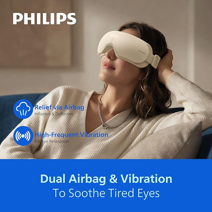 PHILIPS Eye Massager with Heat, Compression Mask Migraine Eye Strain Relief | Ideal gifts for women,men.Rechargeable eye mask for daily home use,office&travel,better sleep,relieves stress