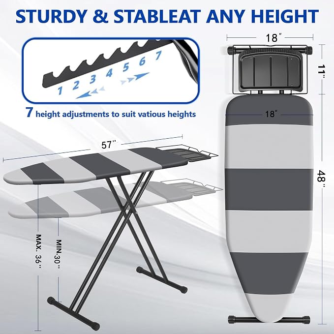 UFETGYG Classic Full Size Ironing Board,Extra Wide Size Full Metal Construction,57" X 18" with Iron Rest, Height Adjustable, Heat & Scorch Resistant Fabric, Anti-Skid Feet, Heavy Duty