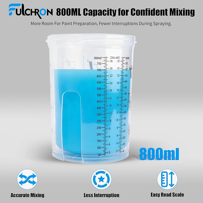 Disposable Paint Cups For Spray Gun, 27oz 125-Micron Mixing Cup With Lids | Fulchron 50PCS Paint Cup Liners with Lids, 2 Hard Cups & Adapters, Ideal for HVLP/LVLP Spray Gun 360° Spray & Less Cleanup
