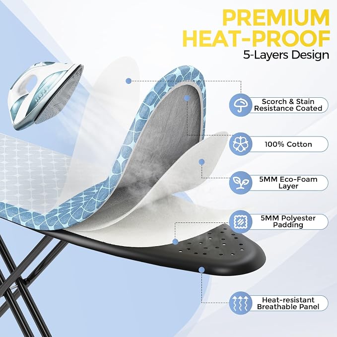 APEXCHASER Ironing Board with Iron Rest, Compact and Space Saver Iron Board, Extra Thick Cover, Height Adjustable, Wall Mount & Closet Hanger 13x43 Yellow