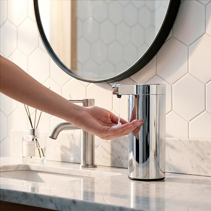 Newise Automatic Soap Dispenser with 3 Adjustable Dispensing Modes, 9 oz Touchless Sensor Stainless Steel, Rechargeable Hand Liquid Soap Dispenser for Kitchen & Bathroom, Chrome Metallic