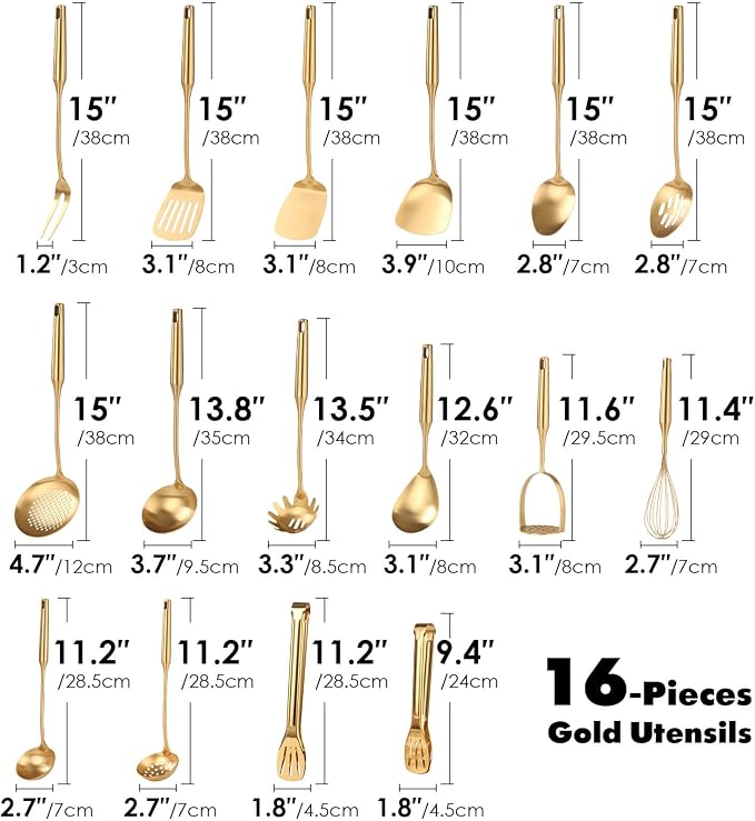 Gold Cooking Utensils Set - 16 PCS All Metal Small and Large Spoons Set | 18/10 Stainless Steel Kitchen Tools, 15″ Serving Utensil - Whisk, Masher, Fork, Tongs, Spatula, Turner, Ladle, Skimmer, Pasta