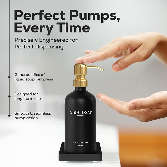 Luxury Glass Hand and Dish Soap Dispenser Set by Brighter Barns - Black and Gold Soap Dispenser Set for Kitchen Sink - Modern Kitchen Decor and Accessories for Restaurant, Airbnb, Gift (Black/Gold)