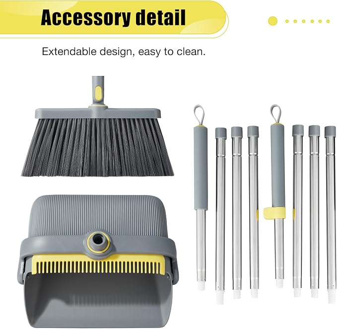 Broom with Dustpan Combo Set, 52'' Long Handle Stainless Steel Poles, Self Cleaning Dustpan Teeth for Home Sweeping Indoor Outdoor Kitchen Office Restaurant Apartment Pet Hair Cleaning Tools