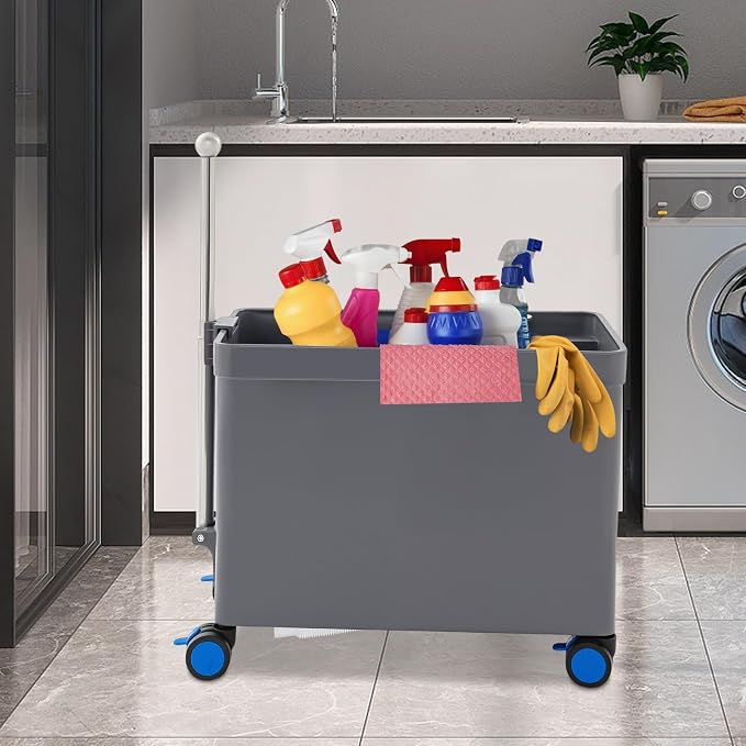 Floor Mop Sink, Freestanding Utility Mop Sink with Wheels & Retractable Handrail, Rolling Mop Bucket for Commercial and Residential Use