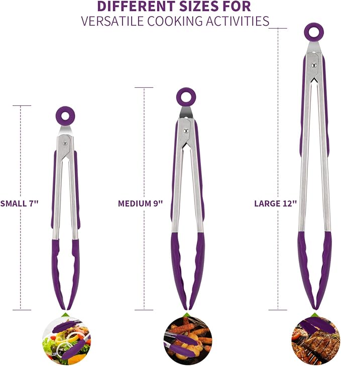 U-Taste 18/8 Stainless Steel Measuring Cups and Spoons Set and 600ºF High Heat-Resistant Kitchen Tong Set (Purple)