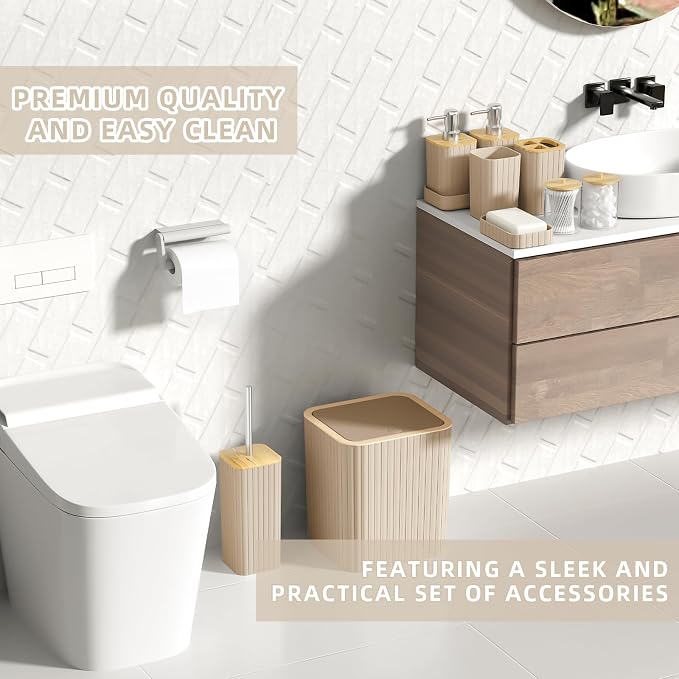 XLHOMO Bathroom Accessories Set - Elegant Beige Bathroom Set, 10PC Bathroom Accessory Set, Toilet Brush, Bathroom Trash Can