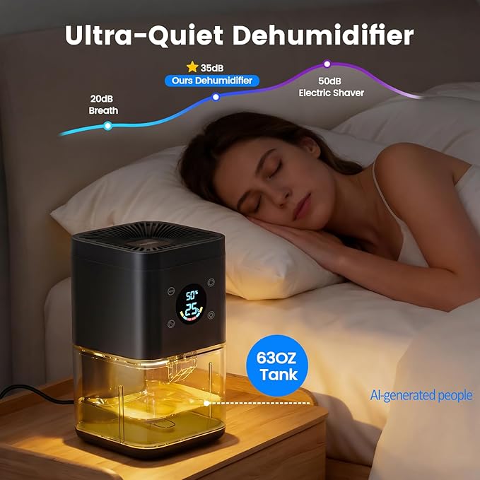 Small Dehumidifier for Bedroom – 63oz Auto Dehumidify (60/70%) & Continuous Mode, 35dB Ultra Quiet for Bathroom Apartment Home Closet RV, Portable Auto Defrost & Auto Shut-Off, 7-Color & Timer, Black