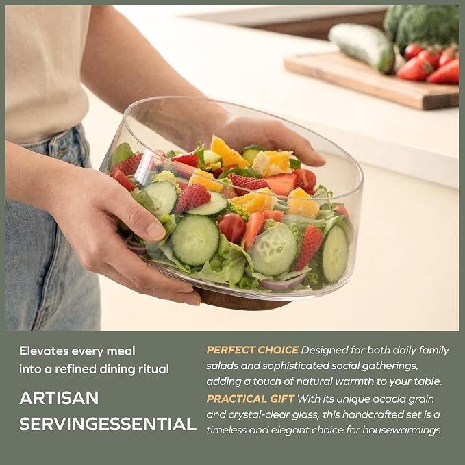 muso wood Salad Bowl Set Large-capacity Glass Salad Bowl with Acacia Wood Base and Salad Spoon-fork Perfect for Family Gatherings and Dinner Parties Mix Effortlessly