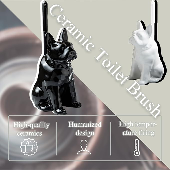 Ceramic French Bulldog Toilet Brush Holder – Hideaway Storage & Secure Fit, Space-Saving Design, Premium Ceramic Dog Lover Gift, Includes 2 Durable Scrub Brushes (Black)