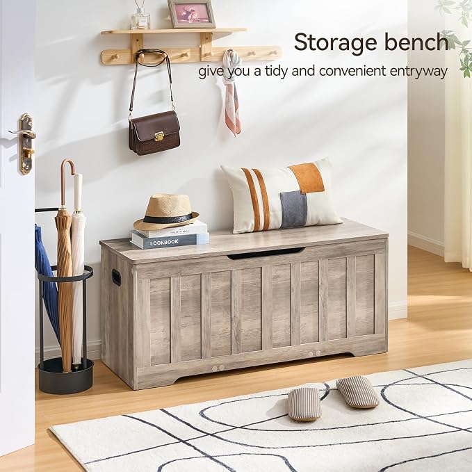 VANKILEY 43.3" Storage Chest Extra Large,Storage Trunk with 2 Safety Hinges,Wooden Storage Bench,Shoe Bench,43.3x15.7x19.1 Inch,Easy Assembly,Storage Bench for Bedroom,Living Room,entryway(Greige)