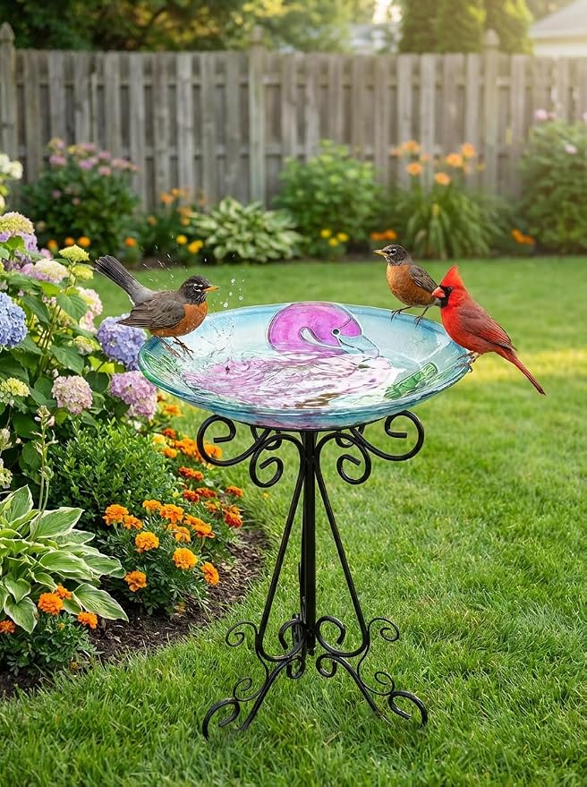 Large Glass Bird Bath with Metal Stand, Flamingo | 18" Wide Bowl, 3.2" Bathing Depth, Thick Glass Construction, Stable 3-Leg Base, Easy Clean Surface, Garden Decor