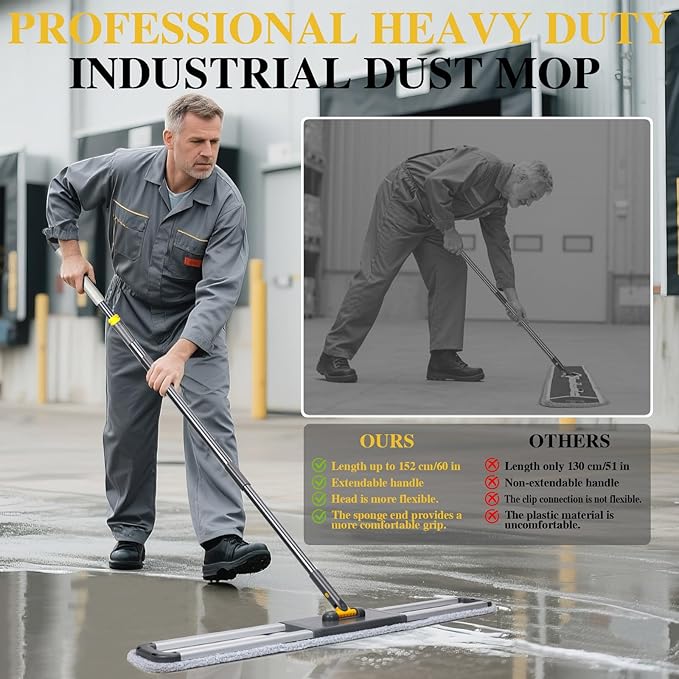 Masthome 36" Commercial Mop, Heavy Duty Industrial Floor Mop with 2 Microfiber Pads, 60" Adjustable Large Dust Mop,Wet Dry Flat Mops for Office Garage Warehouse Factory Mall