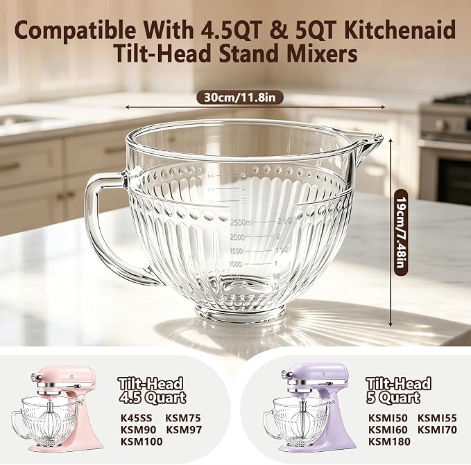 5QT Glass Mixer Bowl for KitchenAid 4.5 and 5 Quart Tilt-Head Stand Mixers | Double-Layer Thickened Mixing Bowl Replacement for Kitchen aid with Measurement Markings Pour Spout & Handle, Dishwasher Safe