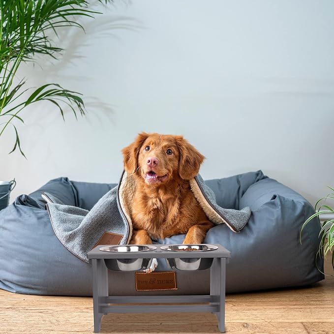 HTB Elevated Dog Bowl Stand with 2 Stainless Steel Bowls-10 H Large Grey | Raised Dog Bowl Stand, 10"tall, 48 Oz Bowls, for Large Sized Dogs, Pet-safe, Solid Bamboo
