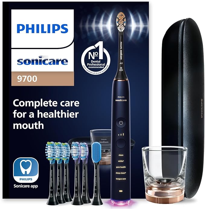Philips Sonicare DiamondClean Smart 9700 Electric Toothbrush - Sonic Toothbrush with App, Pressure Sensor, 15 Brushing Settings, Replacement Reminder, Charging Travel Case, Lunar Blue, HX9957/71