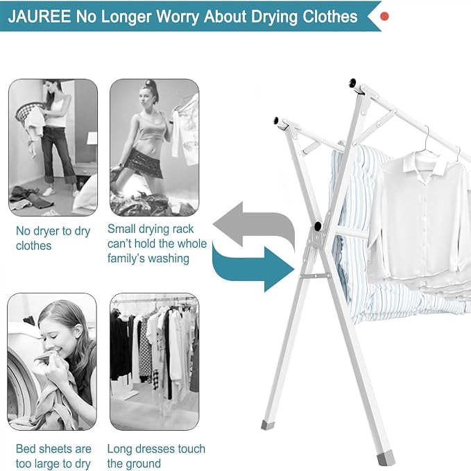 JAUREE 95 Inches Clothes Drying Rack, Drying Rack Clothing Folding Indoor Outdoor, Heavy Duty Stainless Steel Laundry Drying Rack, Foldable Portable Clothes Rack Garment Rack with 20 Hooks White