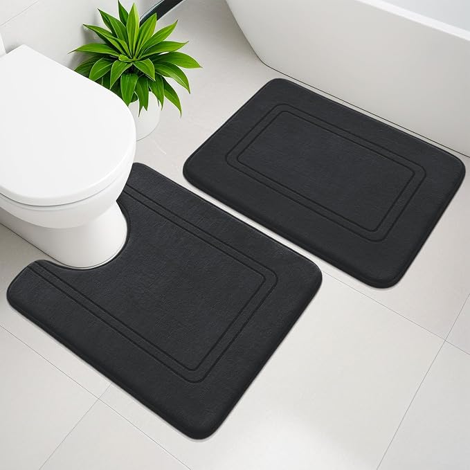 YIHOUSE Memory Foam Bath Mat Set, Bathroom Rugs Sets 2 Pieces, Non Slip Bath Mats for Bathroom, Super Soft and Water Absorbent Bath Rug Set, Machine Washable U Shape Toilet Rug,Black