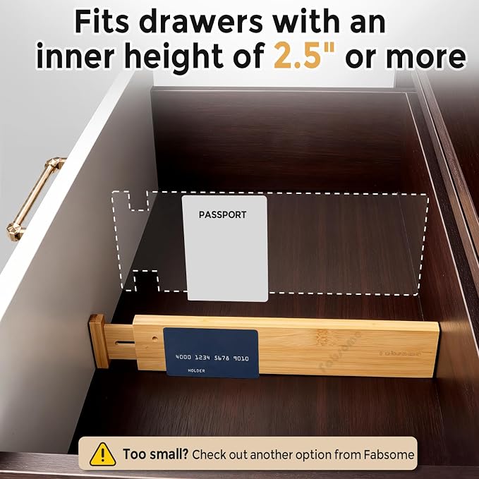 Fabsome Drawer Divider 6 Pack, Bamboo Dresser Organizers for Clothes Socks Underwear Baby Clothing, Wooden Separators for Nursery Organization Adjustable from 12.5'' to 17'' with Soft Foam Ends