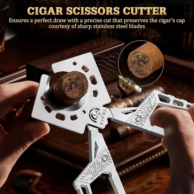 XIFEI Cigar Cutter, Stainless Steel Double Blade Guillotine Straight Cut Scissors Cutter for Cigars, Hand-Held Cigar Tool and Accessory Gift for Men (Silver)