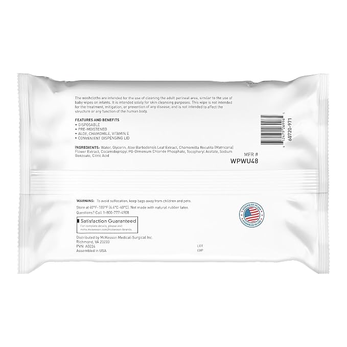 McKesson Washcloth Wipes, Unscented - Disposable Wet Wipes for Adults - Fragrance-Free, Paraben-Free - No-Rinse Formula, 48 Count, 6 Packs, 288 Total